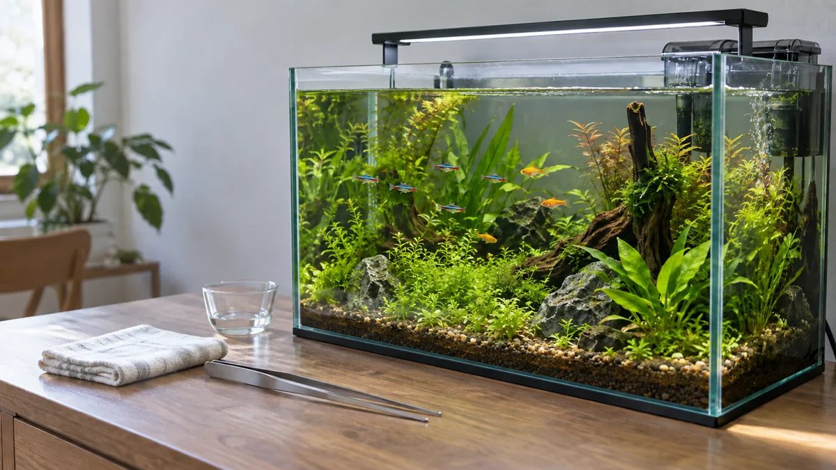 鱼缸与维护工具编辑场景（AI 生成，非具体产品）