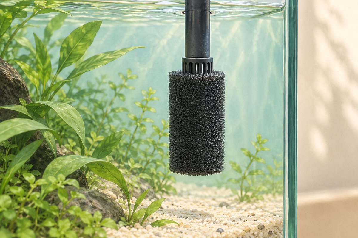 套在滤桶进水口外侧的可拆卸海绵，AI 场景示意